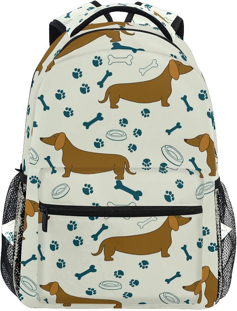 wteqofy Cute Dachshunds Dog Bones Paw Prints Backpacks Laptop Book Bag