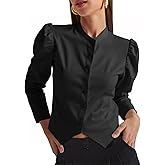Tankaneo Womens Puff Sleeve Button Down Shirts Cropped Mock Neck Fitted Tops Fall Dressy Casual Cotton Blouse