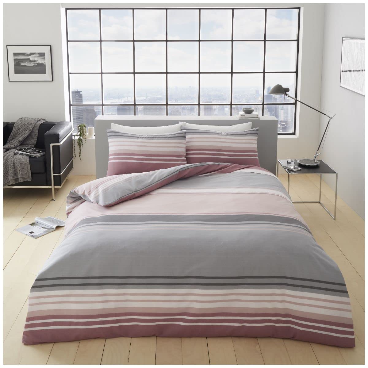 GC GAVENO CAVAILIA Polycotton Duvet Cover, Stripe Bedding Sets King Size, Easy Care Reversible Quilt Bed Covers, Blush/Pink