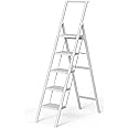 SOLADDER 5 Step Ladder, Folding Step Stool, Lightweight White Foldable Ladder for 10 Foot High Ceiling with Anti-Slip Wide Sturdy Pedal and Handgrip, Multi-Use for Home (300 lbs Capacity)