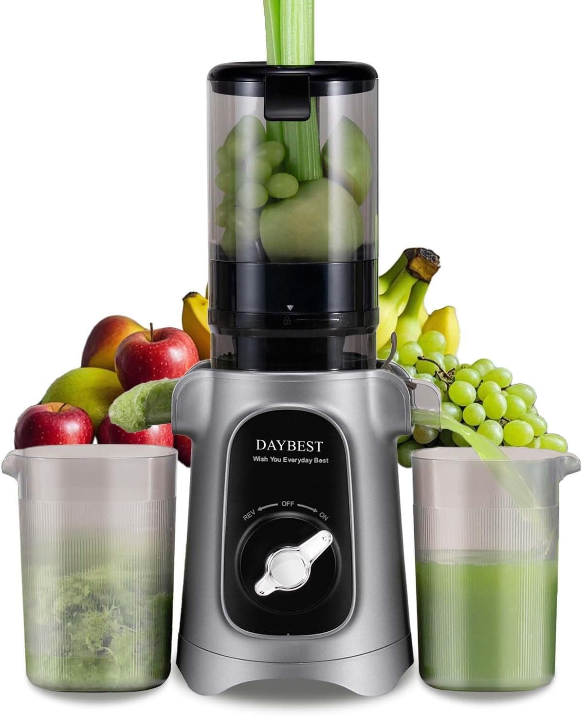 Photo 1 of Cold Press Juicer Machines, DAYBEST Slow Masticating Pure High Juice Yield Extractor, 4.1 IN Large Feed Chute for Whole Fruits & Veggies, Dual Replaceable Filters, Quiet Motor, Easy Clean (Grey)