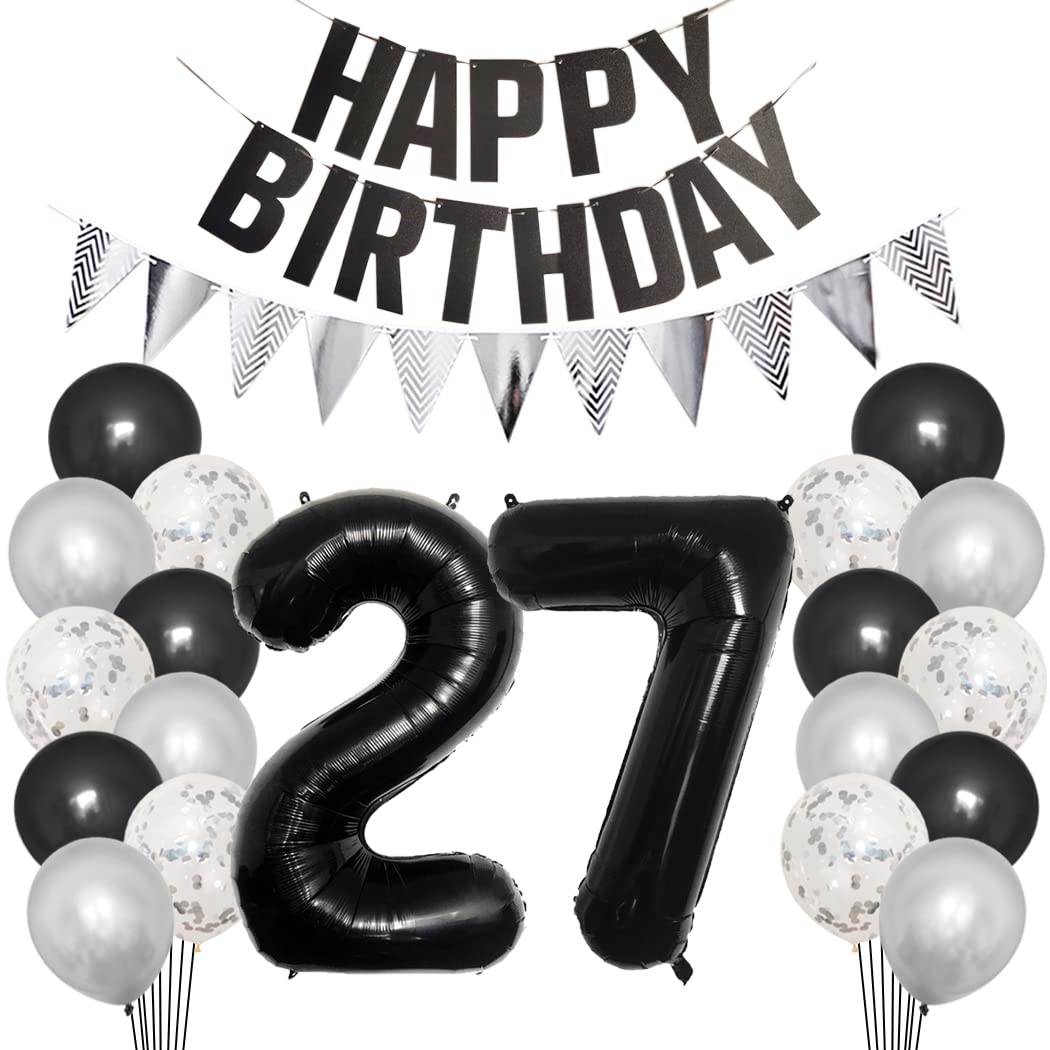 Borsgye 27th Birthday Party Decorations Set for Girl Boy Women Men Black HAPPY BIRTHDAY Letter Banner Silver Sparkly Glitter Traingle Banner Confetti Latex Balloons with Black Giant Number 27 Balloon