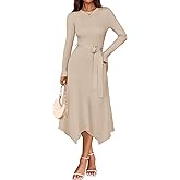 ZESICA Long Sleeve Sweater Dresses for Women 2026 Fall Winter Crewneck Ribbed Knit High Waist Midi Dress with Belt