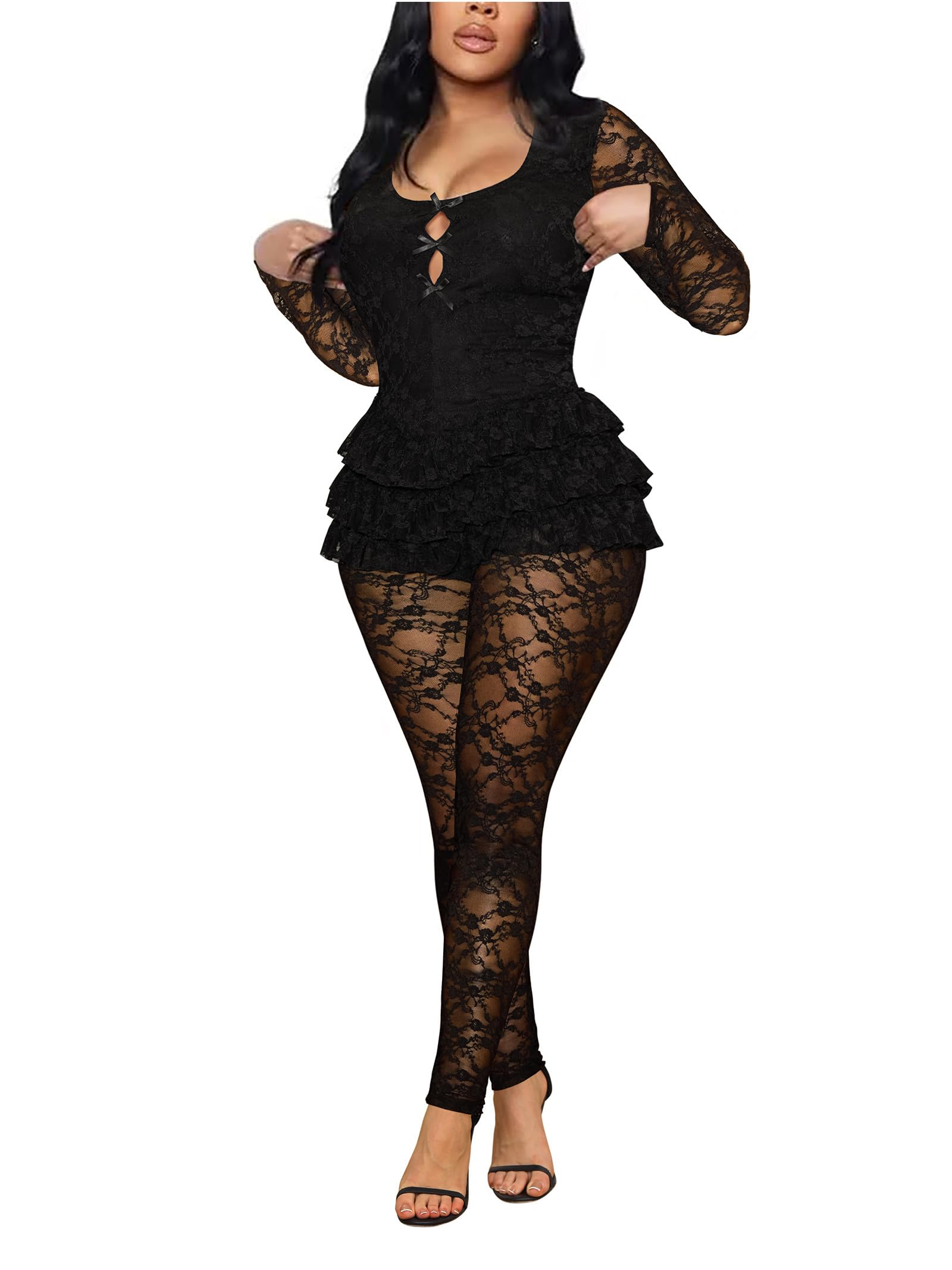 Photo 1 of Lace Jumpsuits for Women Sexy Cutout Bow Front Ruffled Trim Mesh One Piece Party Club Playsuit Outfits Black