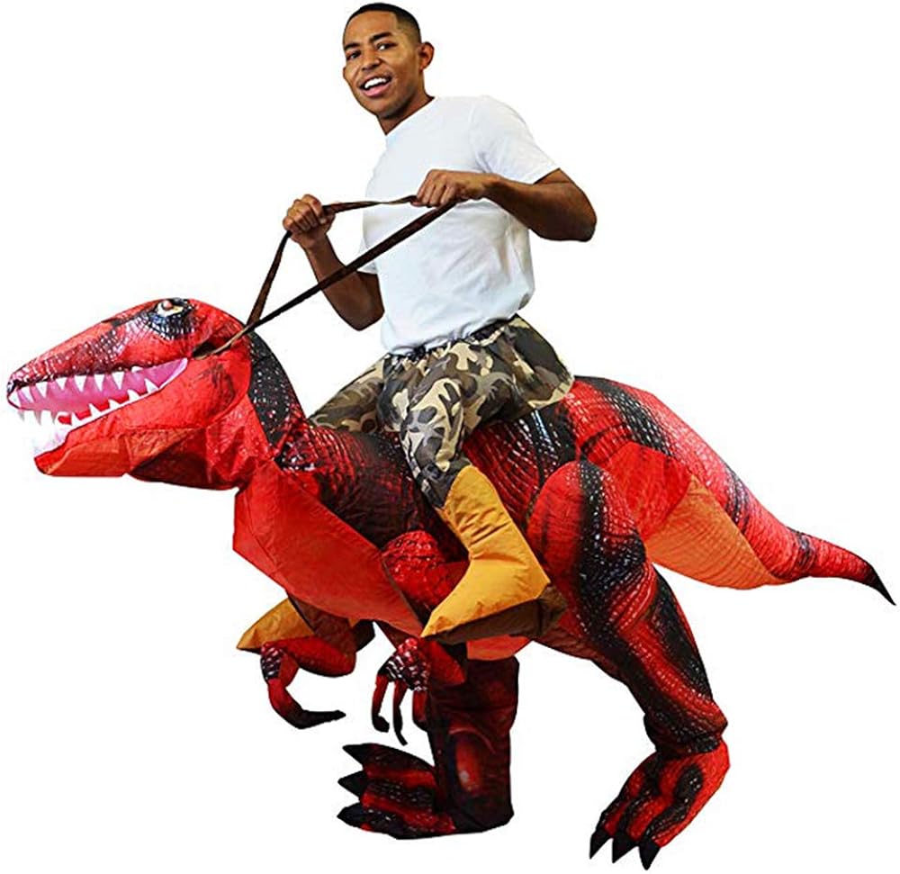 Spooktacular Creations Inflatable Raptor Riding a Raptor Dinosaur Deluxe Costume with Light-up LED Eyes- Adult (Red): Toys & Games