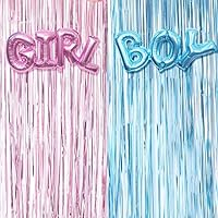 Gender Reveal Decoration Set - Metallic Fringe Curtains + BOY Girl Foil Balloons Gender Reveals Party Photo Backdrop (Pink/Blue)