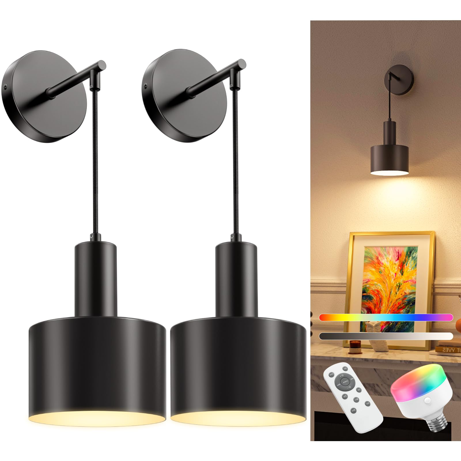 Photo 1 of NIORSUN Battery Operated Wall Sconce Set of 2, Black Wireless Rechargeable Wall Lights with 5200mAh Dimmable Detachable Bulbs and Remote, 9 Colors Sconces Wall Decor for Bedroom Living Room Hallway