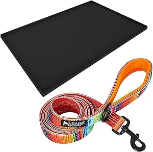 Leashboss XL Mat and Blanket Leash - Silicone Dog Food Mat (Black 25” x 17”) and Double-Thick 6Ft Reflective Leash with Padded Handle (Blanket)