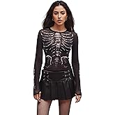 Women's Halloween Mesh Tops Skeleton Print Long Sleeve Gothic T Shirt