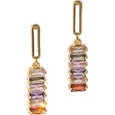 Colorful Zircon Dangle Earrings for Women18K Gold Plated Geometric Square Rainbow Sparkling Crystal S925 Sterling Silver Posts Hypoallergenic Dainty Multicolour Gemstone Drop Earrings
