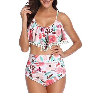 UFACE Damen Bikini Sets Badeanzug Rüschen Drucken Zweiteilige Bademode Hals Hängen Bikini Top mit High Waist Retro Hoher Tail