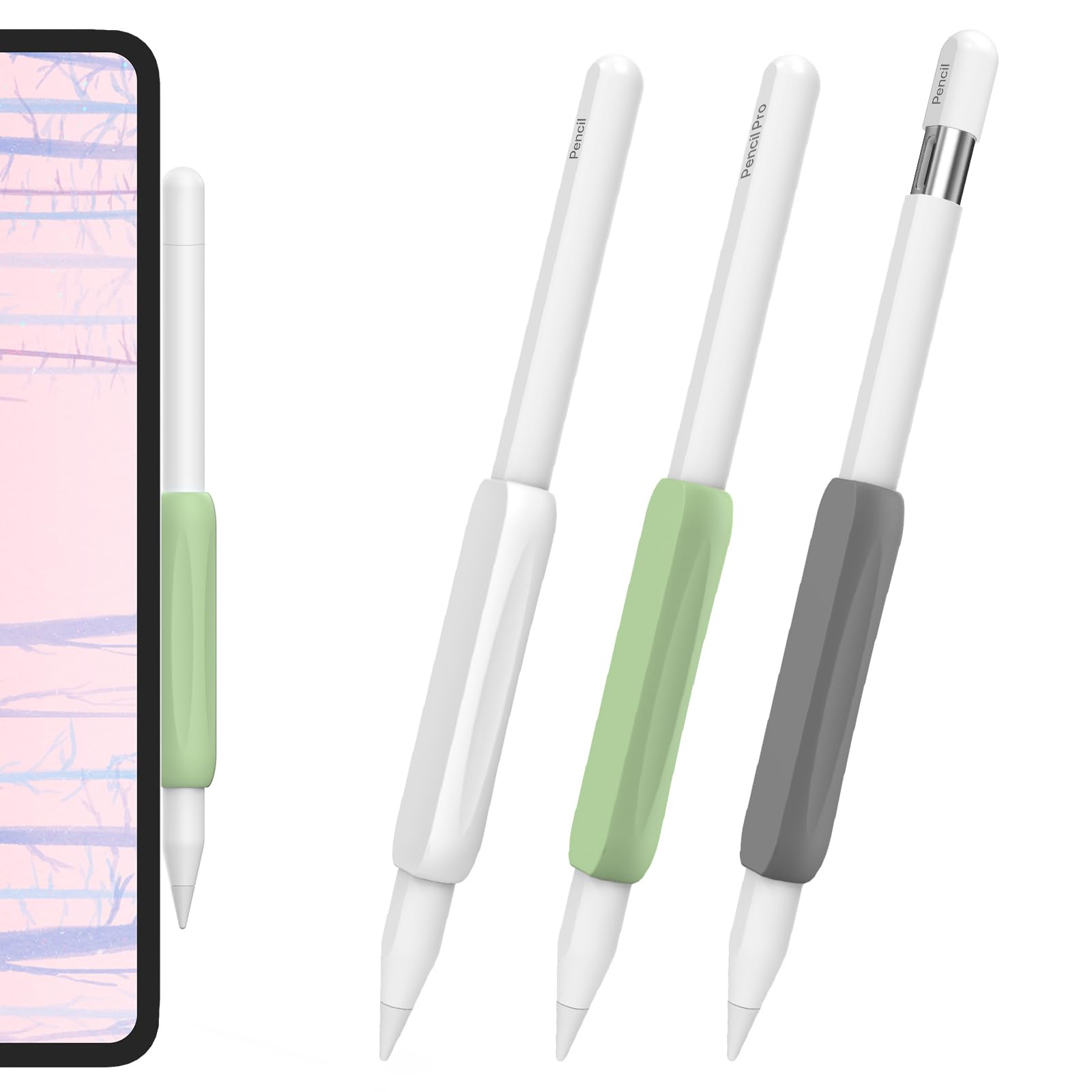 Photo 1 of AhaStyle 3 Pack Silicone Grips for Apple Pencil Pro, Apple Pencil (USB-C) and Apple Pencil 2nd Generation Holders Ergonomic Design Grip Protective Sleeve Compatible with iPad Pen (White+Gray+Green)