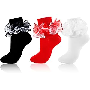 Dioxay 3 Pairs Girls Ruffle Socks, Lace Frilly Turn Cuff Ankle Socks | 4-layer lace frilly dress socks, cotton ankle socks,sc