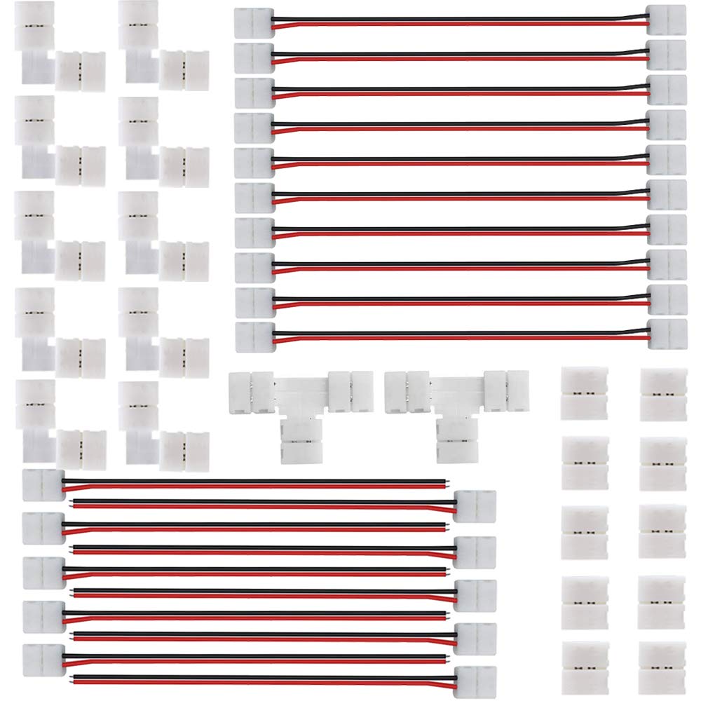 Photo 1 of FSJEE 2Pin 8mm LED Strip Connector Kit Include2 Pin Right Angle Corner, T Shape and Gapless Connector, Strip Jumper Wires for Flexible SMD2835 (not COB) Tape Lights