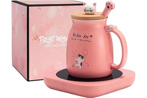 Bsigo Smart Coffee Mug Warmer & Cat Mug Set, Tea Beverage Warmer for Desk Home Office, 5.9'' Electric Candle Warmer with 3-Temperature Settings (Up to 180℉/80℃), 4 Hour Auto Shut Off, 16oz Lid Spoon
