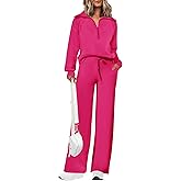 PRETTYGARDEN Women's 2 Piece Outfits Casual Lapel Half Zip Sweatshirts and Wide Leg Pants Tracksuit Sets