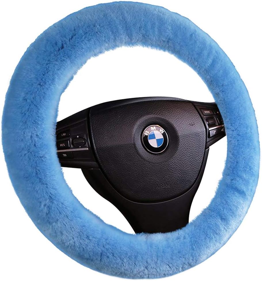 Genuine Sheepskin Wool Steering Wheel Cover - Fluffy Plush Winter Warm Keeper Wheel Protector Universal 36 38 40cm / 14" 15" 16" (Light Blue)