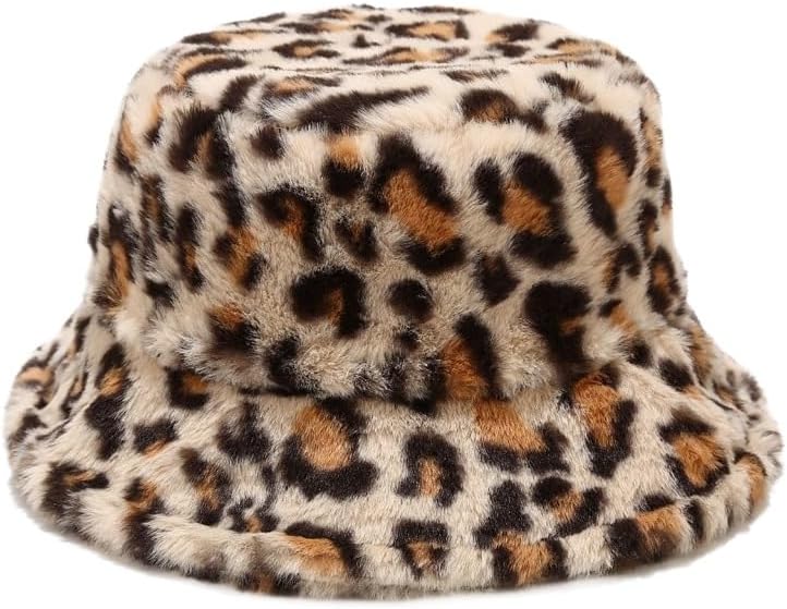 Leopard Print Faux Fur Bucket Hat for Women Cheetah Print Fluffy