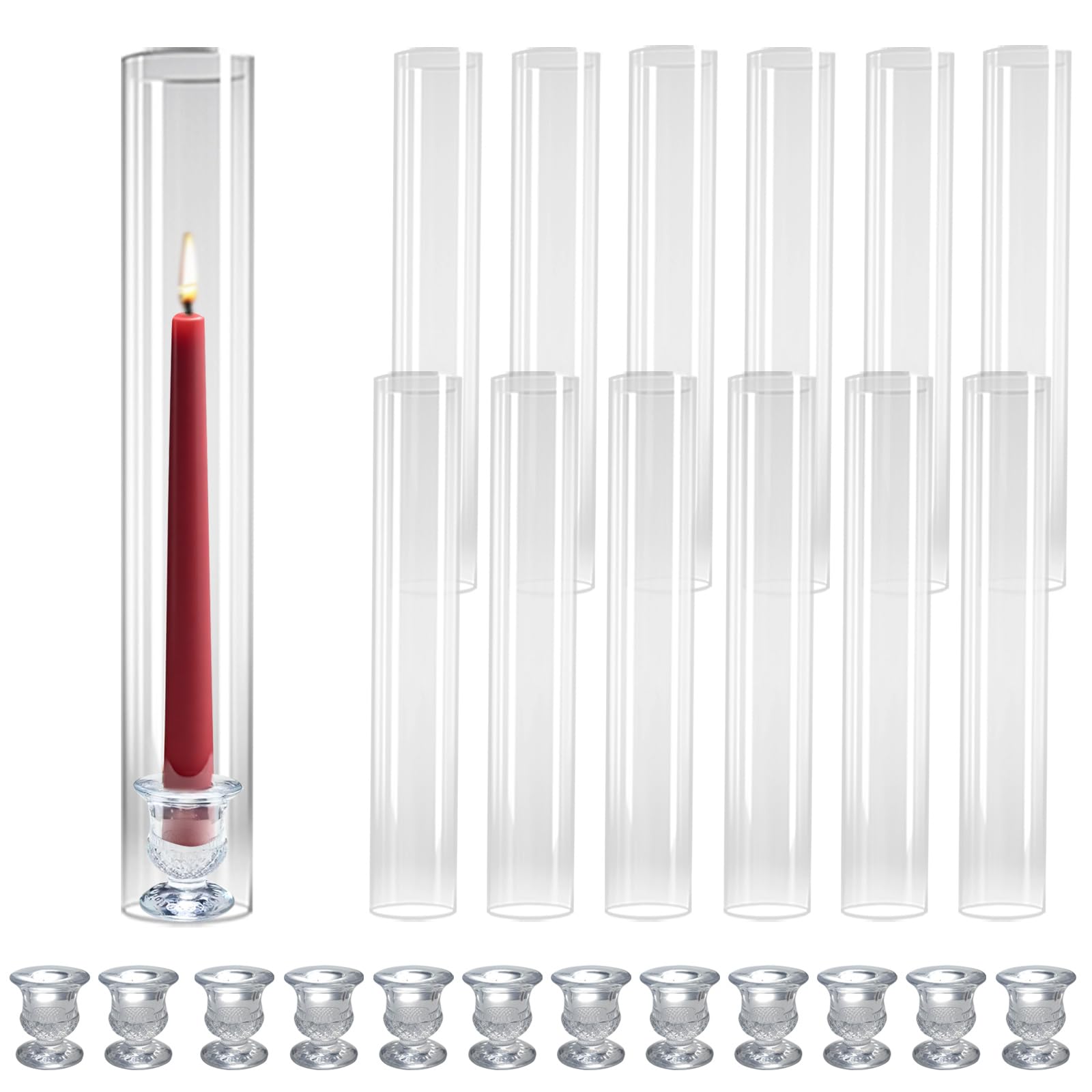 View 1 of 12-Pack Glass Hurricane Candle Holders - 13.78" Tall Clear Open-Ended Cylinders for Pillar Candles - Includes 2.36" Taper Candlestick Holders - Wedding, Event & Home Decor Centerpieces