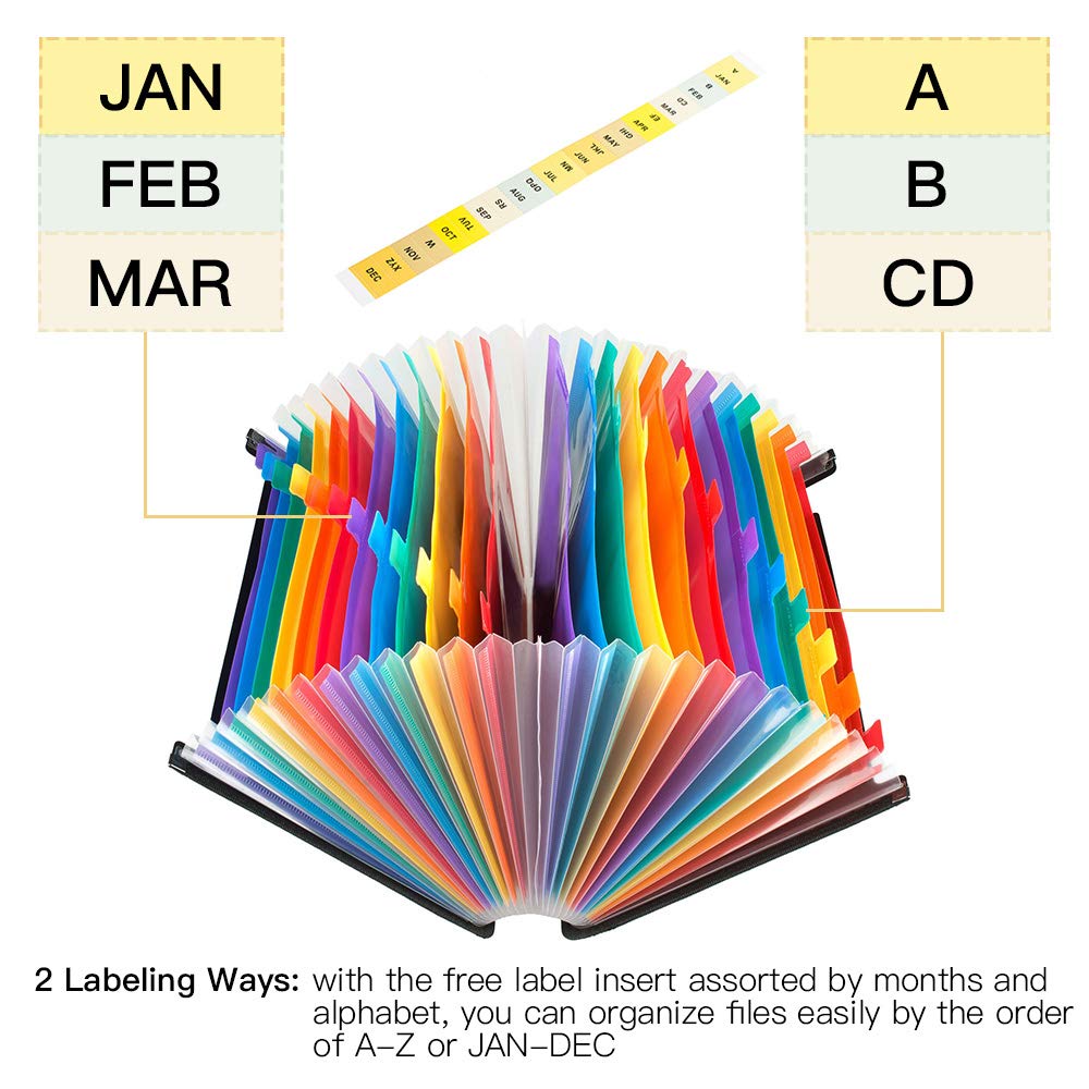 24 Pockets Expanding Files Folder, SUNEE Multi-Color Accordion A4 Document Organizer, High Capacity Plastic Expandable File Wallet Stand with Label Pocket for Business/Office/Study/Home