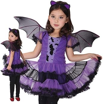 Amazon ハロウィン コスプレ 魔女 コウモリ 衣装 仮装 大きい羽根 ドレス ワンピース セット 可愛い 子供 女の子 キッズ 紫 パープル パーティー コスチューム 100cm キッズコスチューム ホビー