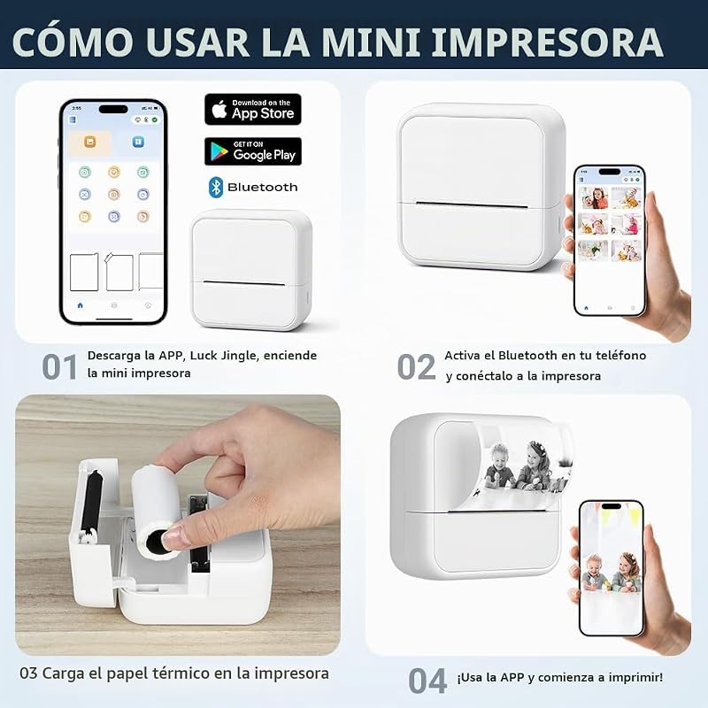 Mini Impresora para Movil, Impresora Fotográfica con 6 Rollos de Papel Térmico, Bluetooth Inalámbrico Portátil Impresora Termica, Impresora de Calcomanías para Teléfono Android iOS (Blanco)