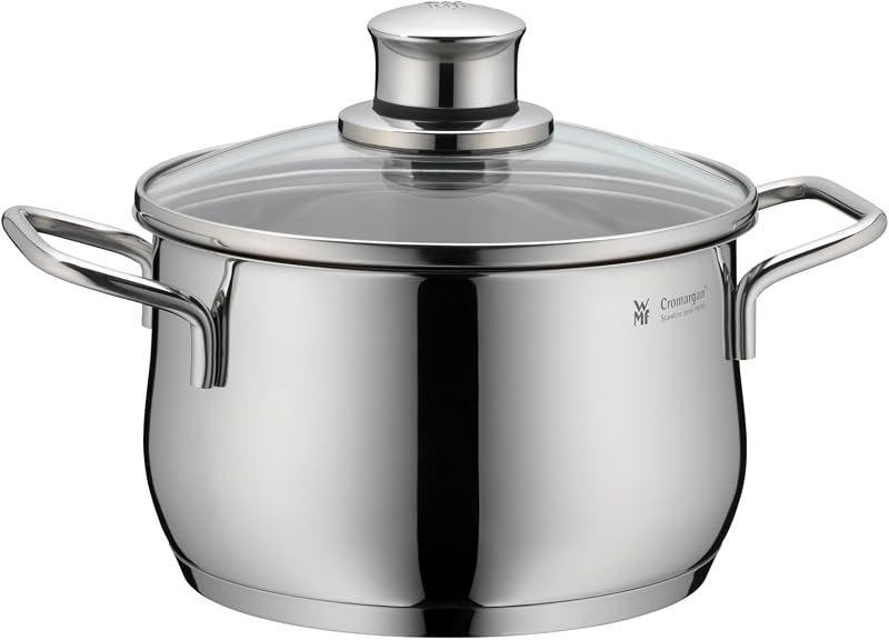 Diadem Plus - Batería de Cocina 7 Piezas, Acero Inoxidable Apto para Inducción, 1 Cacerola Baja de 20 cm, 2 Cacerolas Altas de 16 cm y 24 cm, 1 Cazo 16 cm con 3 Tapas de Cristal