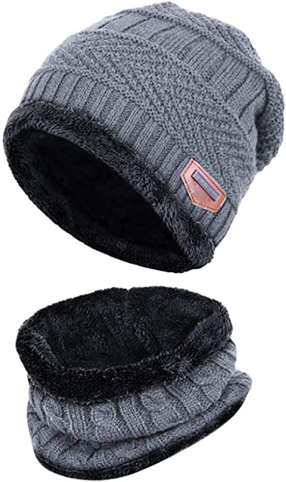 GzxtLTX 2-in-1 Beanie Hat and Scarf Set Knitted Winter Scarf Warmer Thick Fleece Lined Skull Cap Unisex Men Women