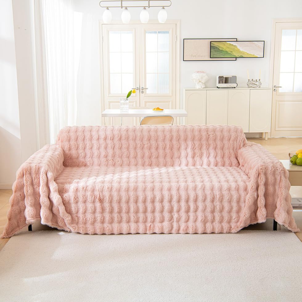 AMWAN Baby Pink Casual Cozy Faux Fur Couch Cover for Dogs,Kids,Aesthetic Sofa Cover for Love Seat,3 Cushions Couch Sofa,Multifunctional 1 Piece Shaggy Sofa,Bed Throws Machine Washable 71″x118″