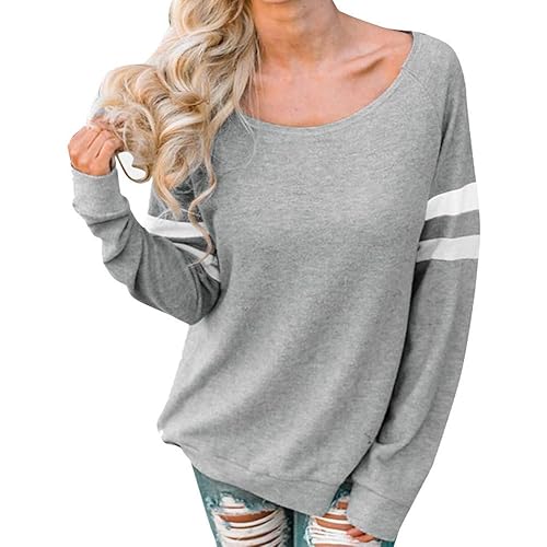 TOTOD Boutique T-Shirt for Women, Daily Fashion Plain Stripe Splice Long Sleeve O-Neck Blouse Pullover Ladies Tops Clothes