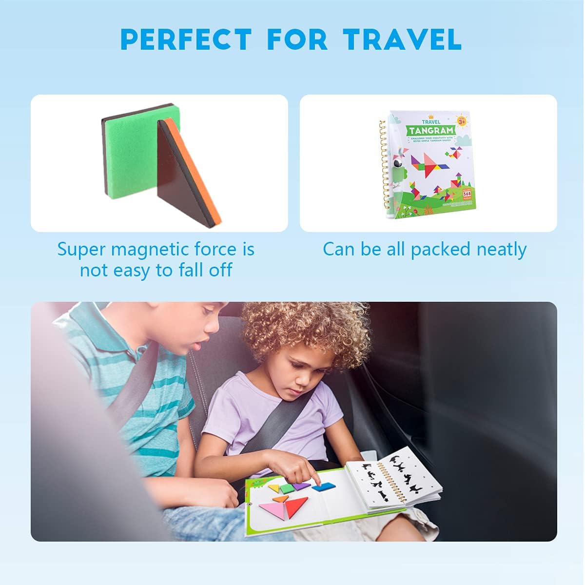 Vanmor Travel Tangram Puzzle with 2 Sets Magnetic Plate-Montessori Shape Pattern Blocks Jigsaw Road Trip Games with 368 Solution - IQ Book Educational Toy Brain Teaser Gift for Kids Adults Challenge