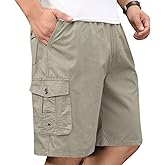 YangguTown Men's Casual Twill Cargo Shorts Zip Fly Cotton Elastic Waist Loose Fit Drawstring Short