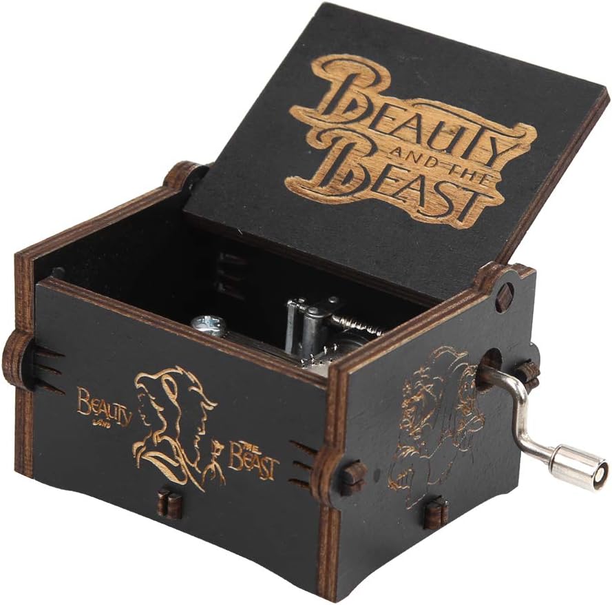 Ruorin Wooden Music Box Hand Crank Musical Box, Beauty and The Beast Wood Carved Music Box Gift for Adult Kids Home Decoration Craft