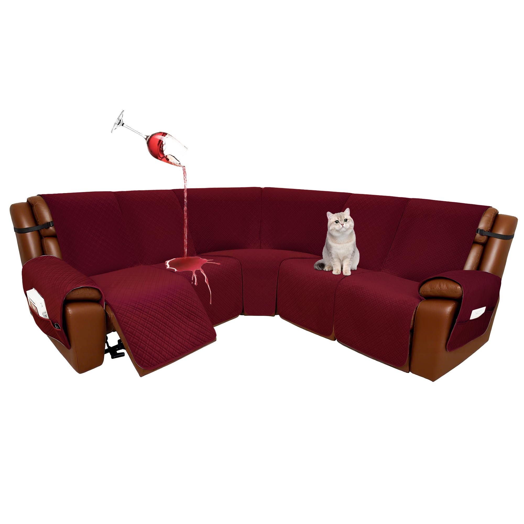 Photo 1 of YUEVELLA Velvet 1OO% Waterproof Reclining Sectional Couch Covers for Sectional Sofa L Shape 7-Piece Quilted Corner Recliner Sofa Cover Slipcovers Set Washable (5 Seater, Wine Red)