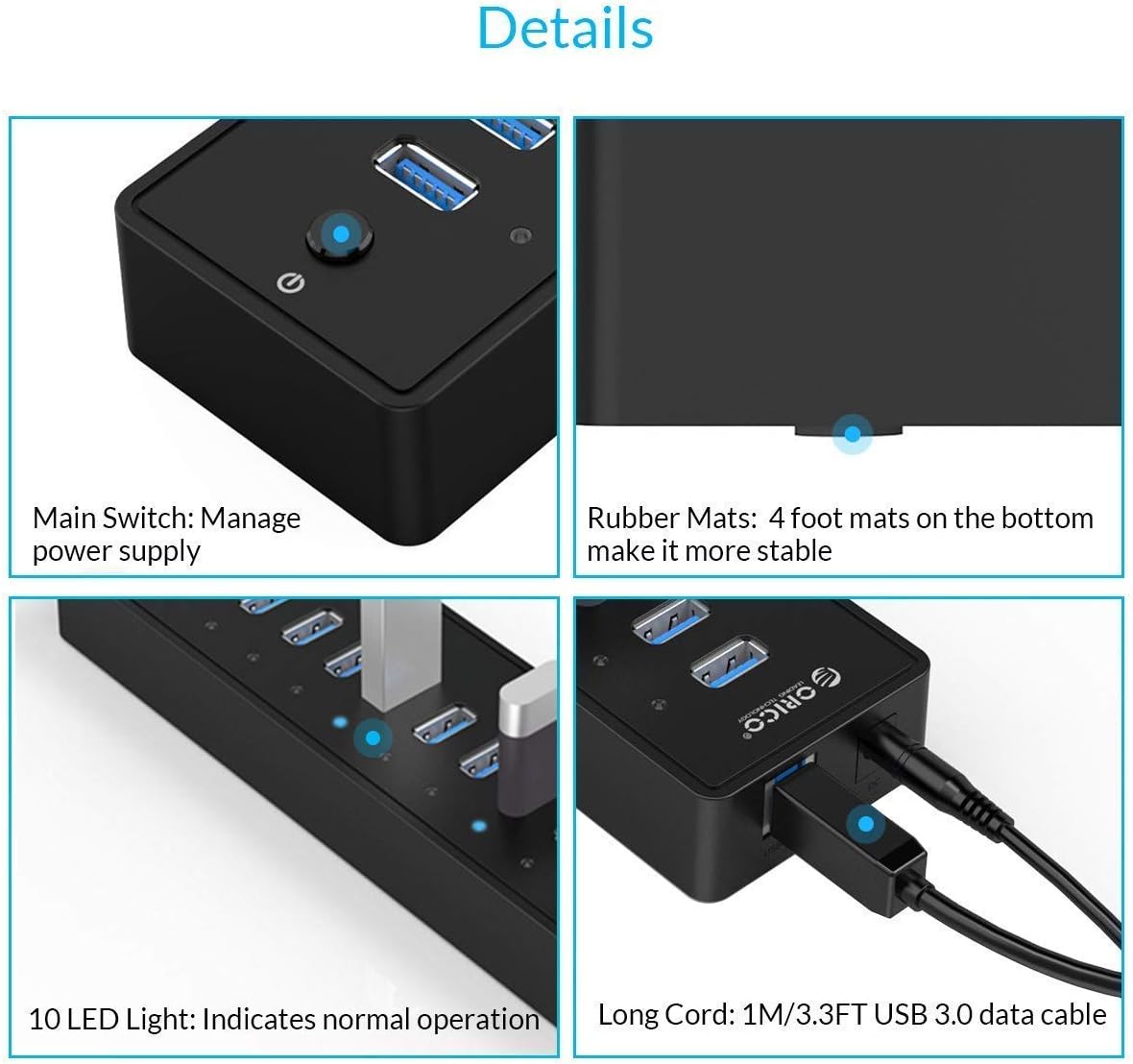 ORICO Powered USB Hub, 10 Ports 36W USB 3.0 Data Hub with 12V/3A Power Adapter for Computer, PC, Laptop, Mobile HDD, Flash Drive and More: Computers & Accessories