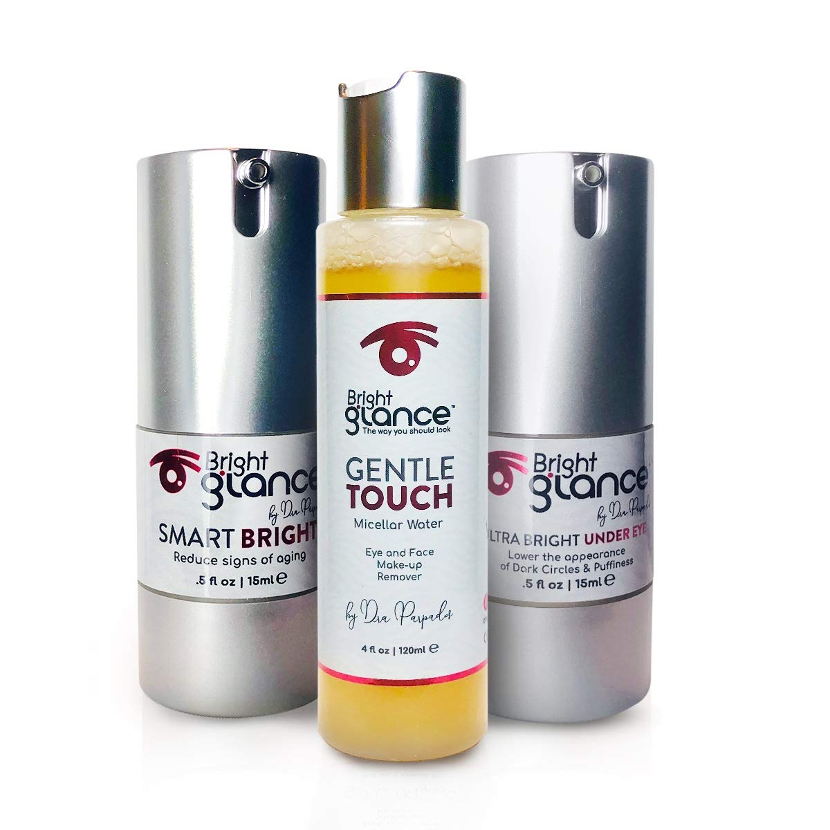 Brightglance Ultra Bright + Smart Bright + Gentle Touch by Dra. Parpados – Eye Care Kit, Micellar Water, Under Eye Cream, Moisturizer Eye Firming, Anti-Wrinkle Skin and Make up Remover (3 Pack)