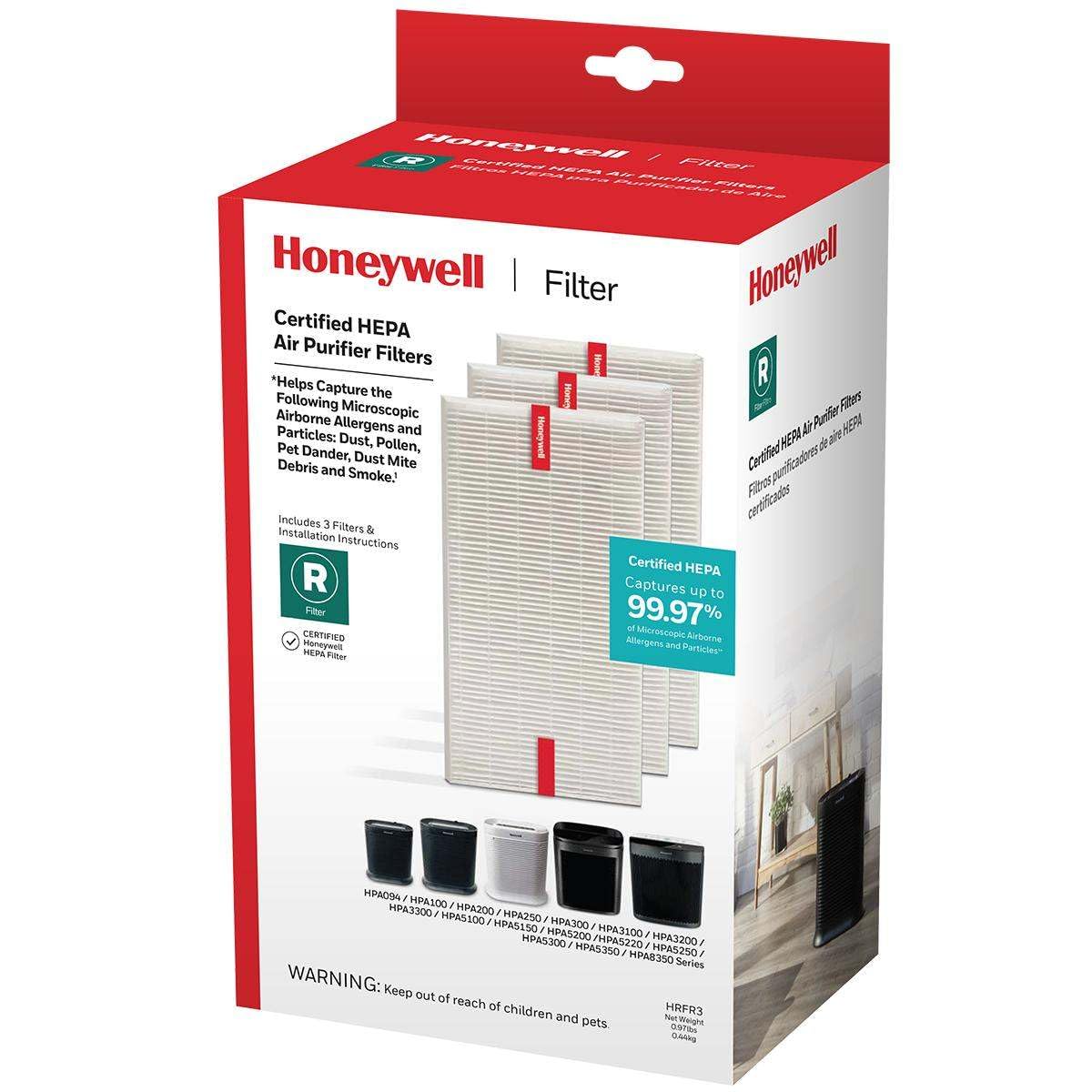 Honeywell HEPA Air Purifier Filter R, 3-Pack for HPA 100/200/300 and 5000 Series - Airborne Allergen Air Filter Replacement Targets Wildfire/Smoke, Pollen, Pet Dander, and Dust