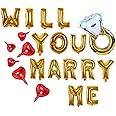 AnnoDeel Will You Marry Me Letter Balloons Banner, 16inch Gold Letter Foil Balloons Red Heart Mylar Balloons for Love Wedding Party Decorations