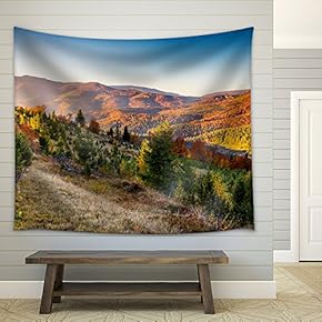 Majestic Colorful Landscape with Sunny Beams at Mountain Valley. Natural Park. Dramatic Morning Scene - Fabric Wall Tapestry Home Decor - 51x60 inches