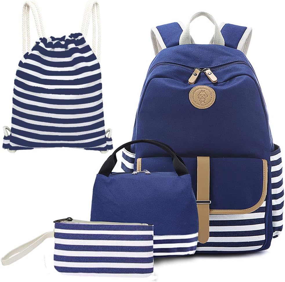 Backpack for Girls, Sugaroom 4 in 1 Girls Backpacks Set Lightweight Canvas School Bag Bookbags with Lunch Box, Drawstring Bag & Pencil Case for Teens