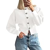 Saodimallsu Womens Button Up Cardigan Sweaters Fall Trendy Long Lantern Sleeve Knit Crew Neck Sweater Jacket
