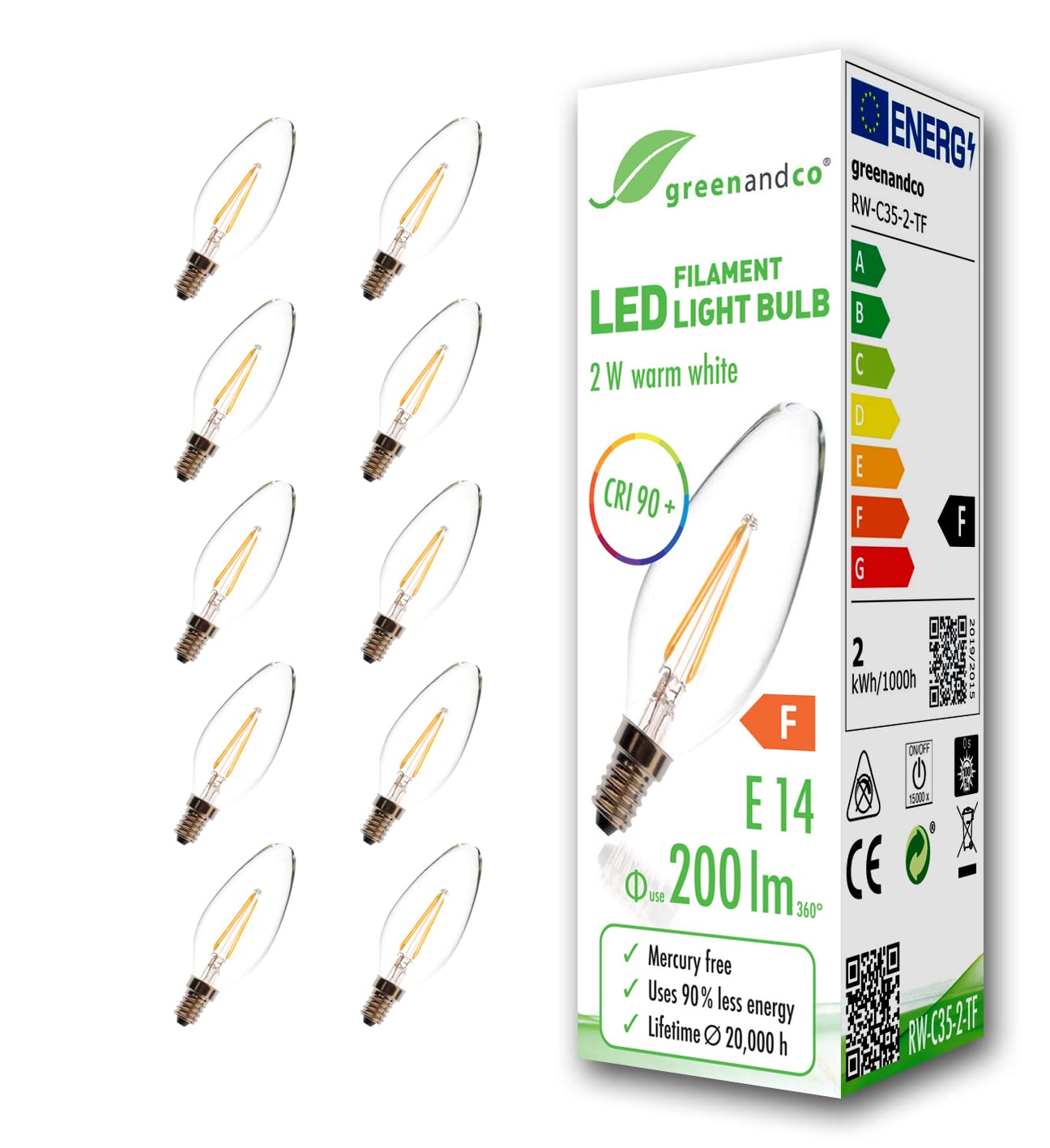 greenandco® CRI 90+ E14 LED Filament Candle Clear 2W Replaces 20W 200lm 2700K Warm White 360° 230V, no Flicker, not dimmable, 10-Pack