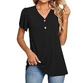 BISHUIGE 2026 Women's Summer Henley V-Neck Button Up Tunic Top Petal Sleeve Comfy Blouse Casual T-Shirt Sizes M-3XL