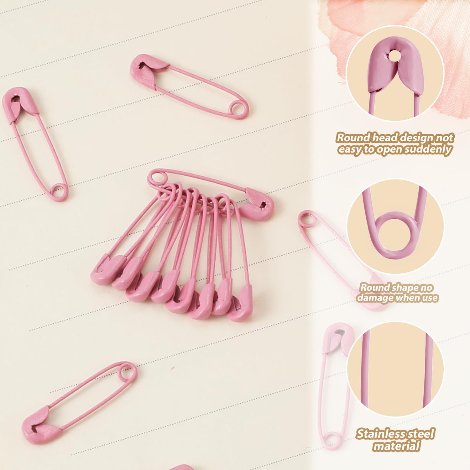 250pcs Safety Pins, 1.1in/28mm Mini Sewing Safety Pins Small Metal Nickel Plated Steel Safety Pins for Clothing Sewing Handicrafts Jewelry Making (Pink)