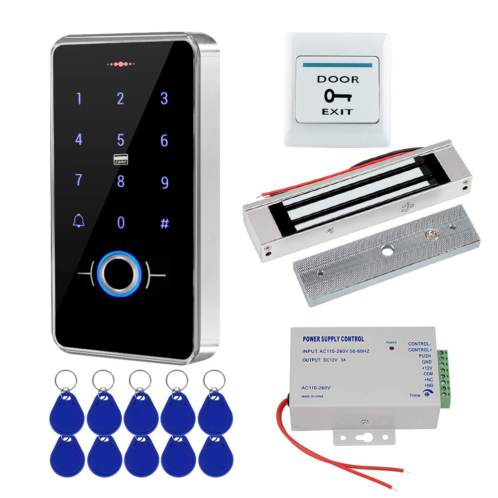 FST Door Access Control System Kit IP68 Waterproof Fingerprint RFID Keyboard + 180KG Electric Magnetic Lock + 10pcs Keyfobs Outdoor Home