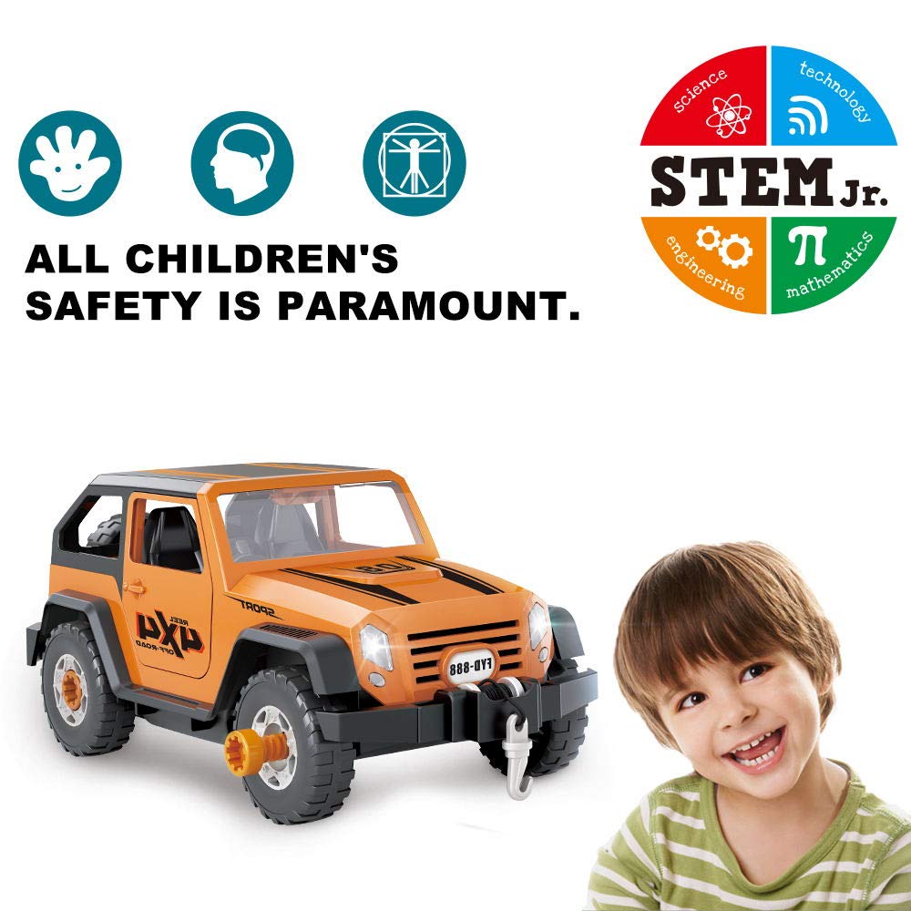 Limei STEM Land Rover Jeep Car Toy Self-Assemble Car Construction Tool with Power Drill Off Road Vehicle Automobile Fit Toy for Child Kid Toddler (Yellowish Brown)