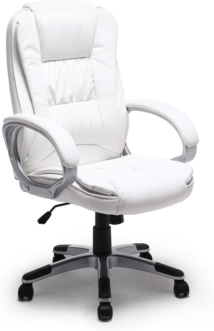 Eight24hours White PU Leather High Back Office Chair Executive Ergonomic Computer Desk Task