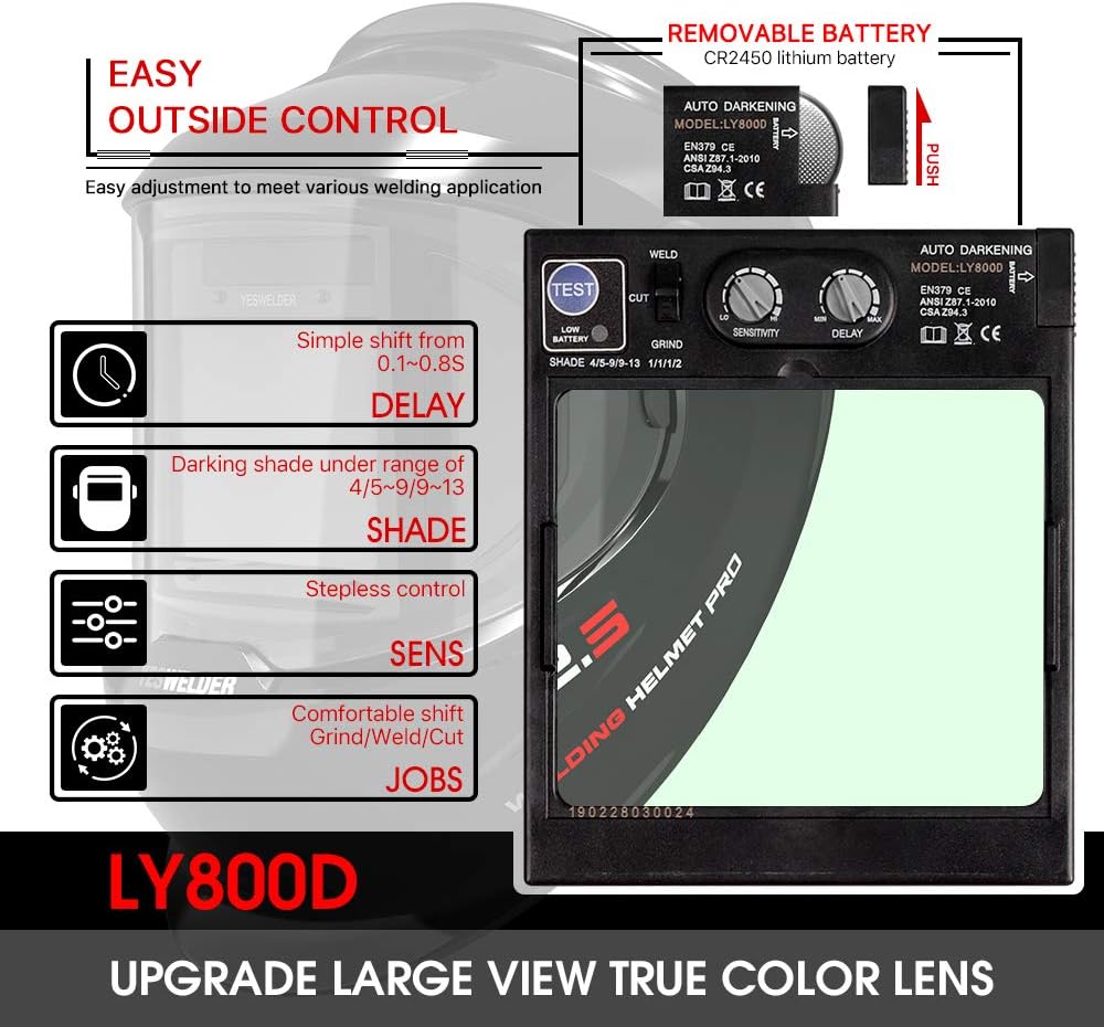 YESWELDER Large Viewing True Color Solar Powered Auto Darkening Welding Helmet with SIDE VIEW, 4 Arc Sensor Wide Shade 4/5-9/9-13 Welder Mask for TIG MIG ARC Grinding Plasma LYG-Q800D - - 