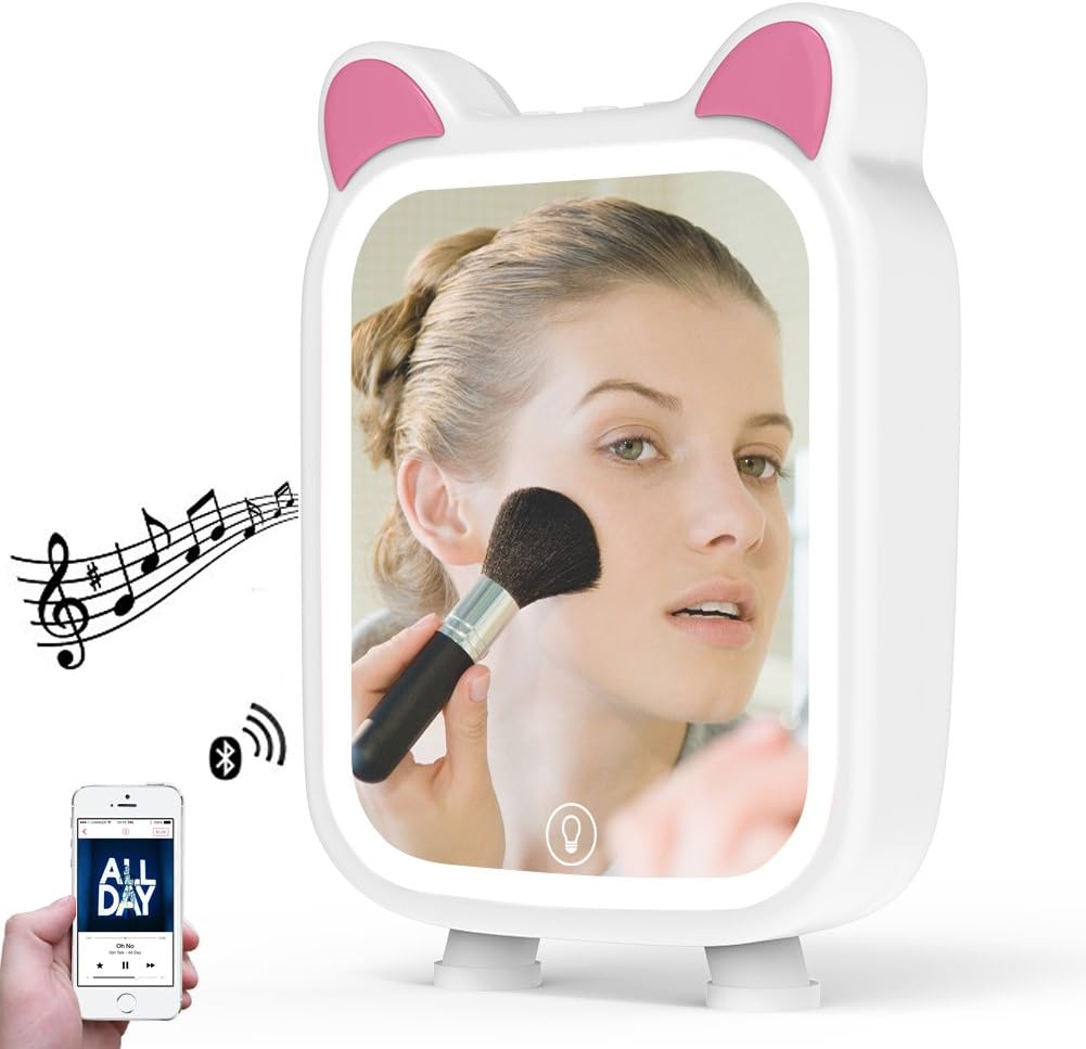 LED Makeup Mirror with Bluetooth Speaker, Lovely Music Vanity Mirror with Touch Activated Dimmable 7 Colors Light, Support TF Card Protable Comestic Mirror for Home Travel Kid Girl Women