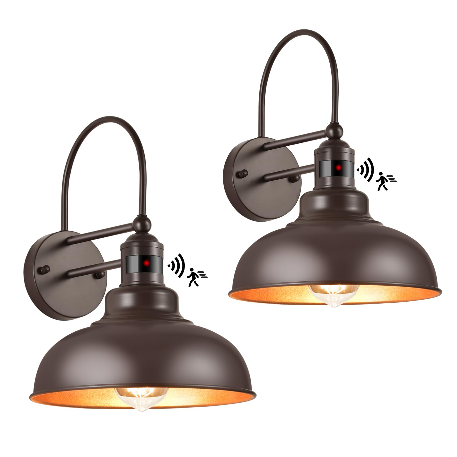 RIDALUX Gooseneck Outdoor Wall Light 2 Pack: Motion Sensor Wall Sconce for Garage, Porch & Farmhouse Exterior